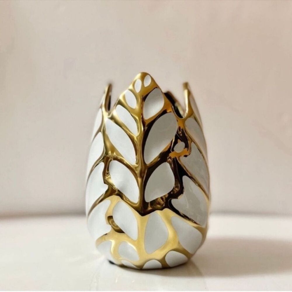 New Ceramic 7.75" Leaf Vase - White and Gold